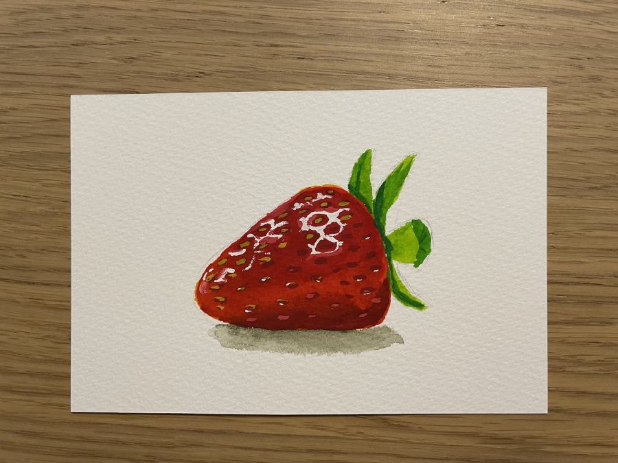 
A strawberry. It's so wild how your mind sees the painting differently as you're doing it. I thought I messed up the highlights majorly. After I took my eyes off of it for a bit and came back, I felt much better about it. Like my mind had to reset.

